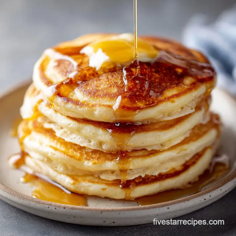 Perfectly round buttermilk pancakes on a white plate, adorned with fresh blueberries, powdered sugar, and a side of maple ...