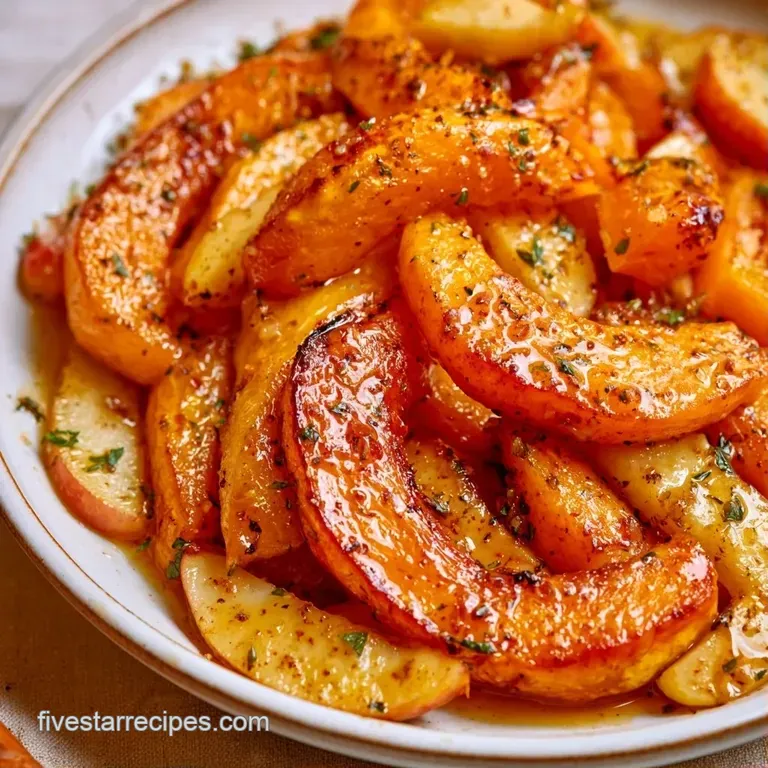 Vibrant autumn salad with roasted orange squash and tart apple slices arranged on a modern matte ceramic platter