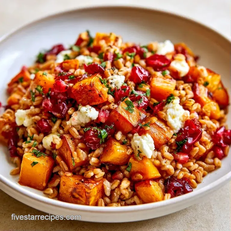A curated heap of orange roasted squash and tan grains topped with crumbled white feta on a dark slate platter.