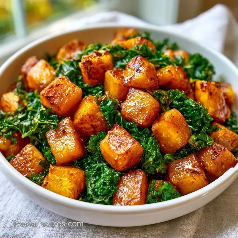 An elegant heap of curly kale and roasted orange squash topped with white feta and ruby red cranberries on a platter.