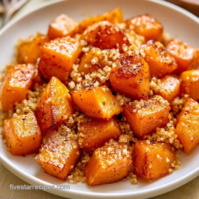 Vibrant orange squash and pale quinoa arranged in a white ceramic bowl with scattered feta and fresh parsley leaves.