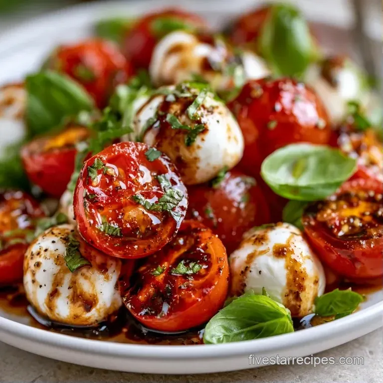 Bright red cherry tomatoes and creamy mozzarella pearls on a ceramic plate, garnished with fresh green basil leaves.