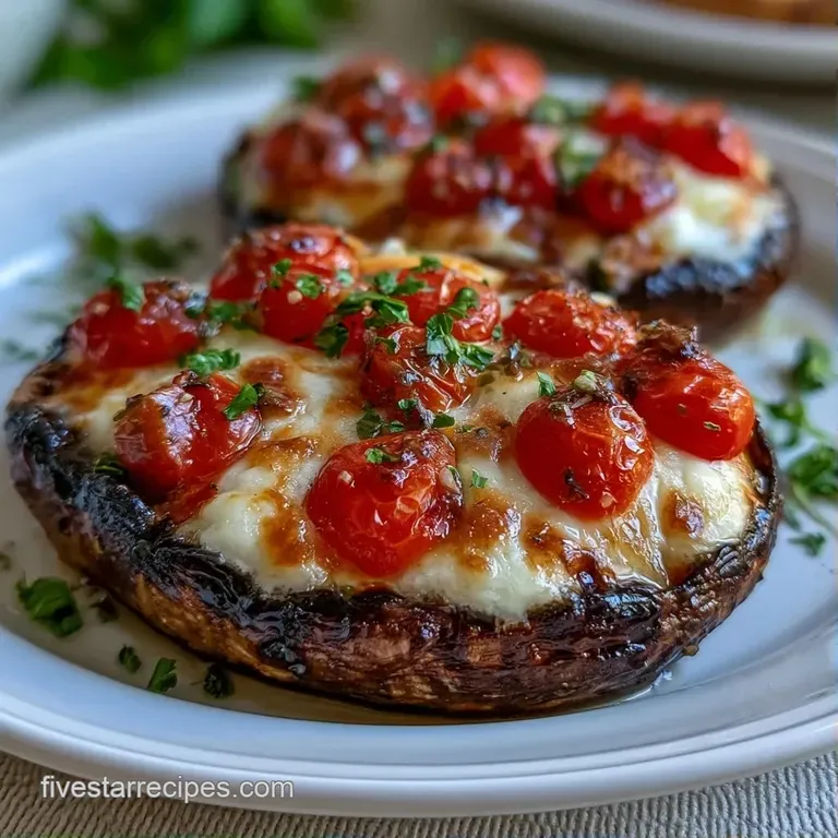 Golden brown mushroom caps topped with gooey white cheese and red tomatoes, drizzled with a dark balsamic glaze.