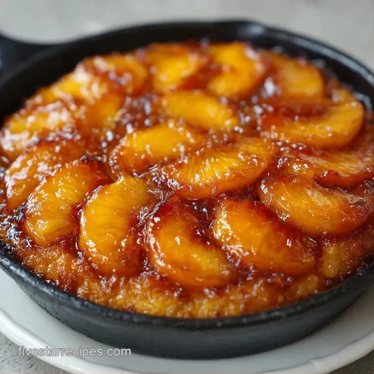 A scoop of melted vanilla ice cream atop a warm slice of golden fruit dessert with a drizzle of syrup.