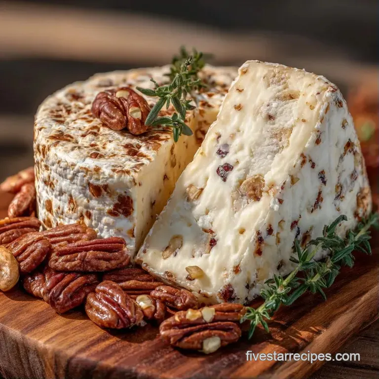 An artfully arranged wooden platter with golden crackers, ivory cheese wedges, and a variety of toasted brown nuts.