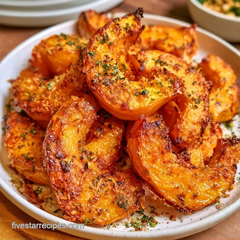 Caramelized orange squash rings neatly arranged on a ceramic plate with molten cheese and bright green herbs.