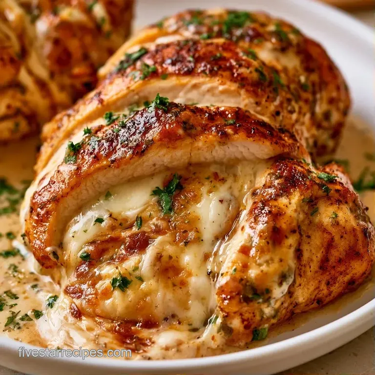 Neatly sliced golden poultry with molten cheese centers, garnished with fresh parsley on a minimalist white plate.