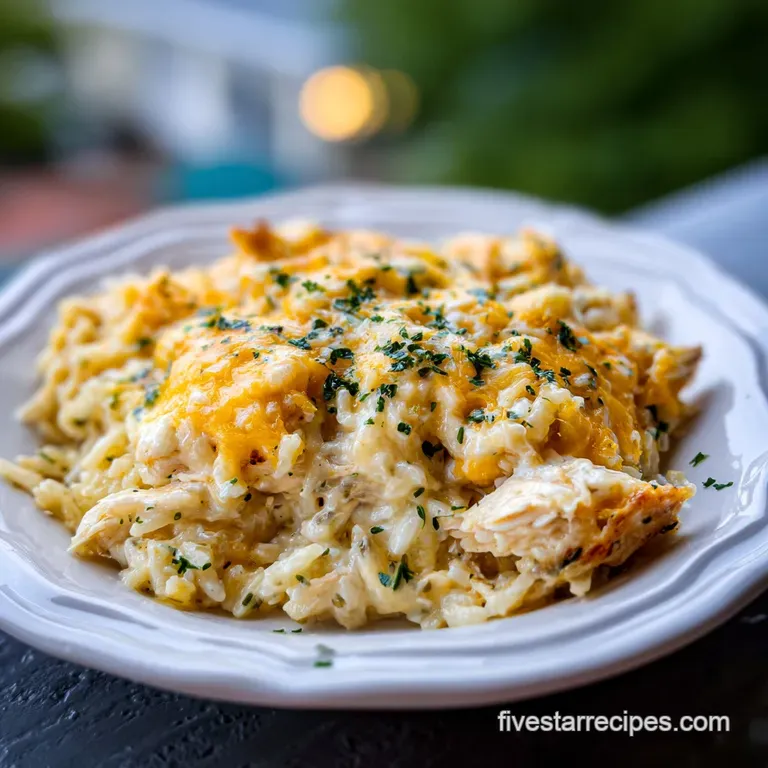 Creamy chicken and rice casserole served in a rustic dish, topped with herbs. Warm and comforting.