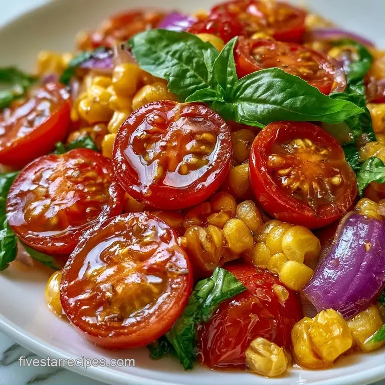 Bright red tomatoes and golden corn kernels tossed in a white bowl, topped with torn green basil and olive oil.