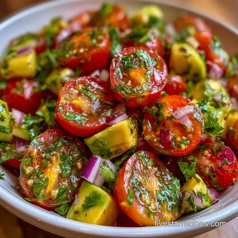 Bright red halved cherry tomatoes and pale green avocado chunks artfully arranged in a white ceramic bowl.