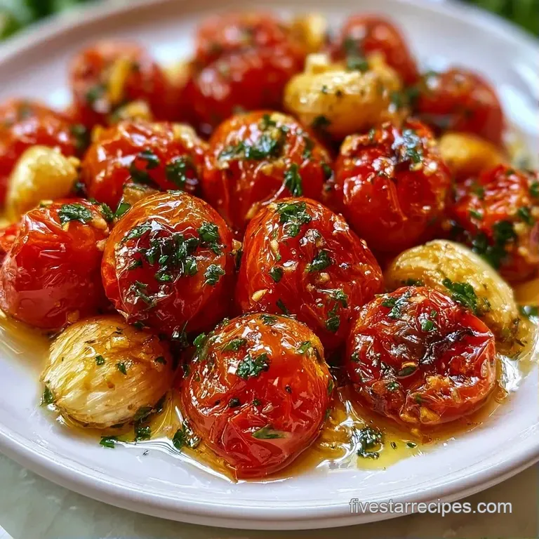 Vibrant red burst tomatoes pooled in glistening oil served in a rustic ceramic dish with a side of crusty bread