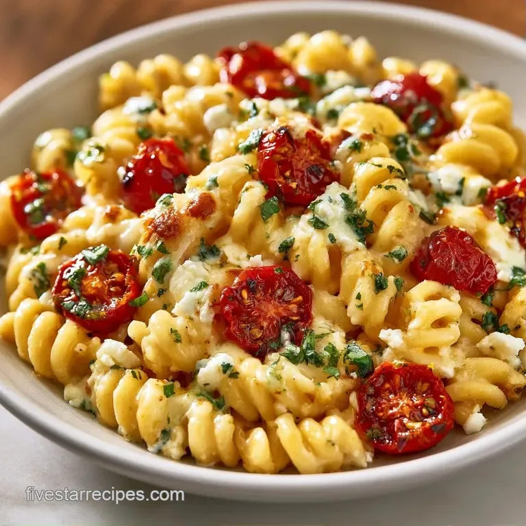 A white ceramic bowl of pasta with melted white cheese, roasted red tomatoes, and vibrant green basil on a marble table.
