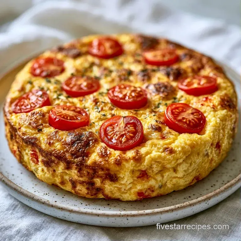 Thick slice of golden egg bake with bright red cherry tomatoes and fresh herbs on a clean white ceramic plate.