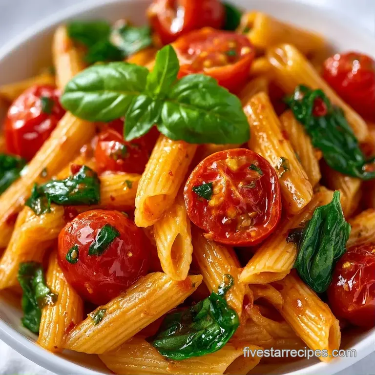 Elegant swirl of pasta topped with blistered red tomatoes, fresh basil, and a dusting of white parmesan cheese.