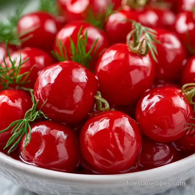Plump red tomatoes in a glass bowl with glistening brine, garlic slivers, and a sprig of fresh green parsley.