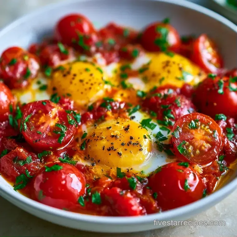 Vibrant red tomato sauce with creamy poached eggs served in a rustic pan with toasted sourdough bread slices.