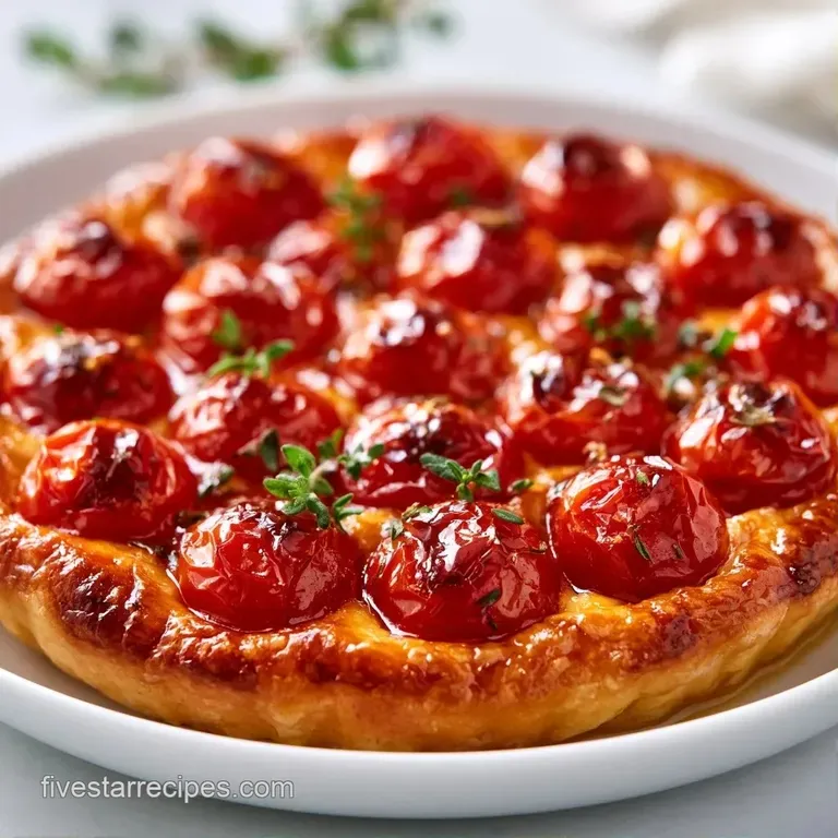 Glossy red tomatoes atop buttery pastry on a slate platter, accented by a drizzle of oil and fresh microgreens.
