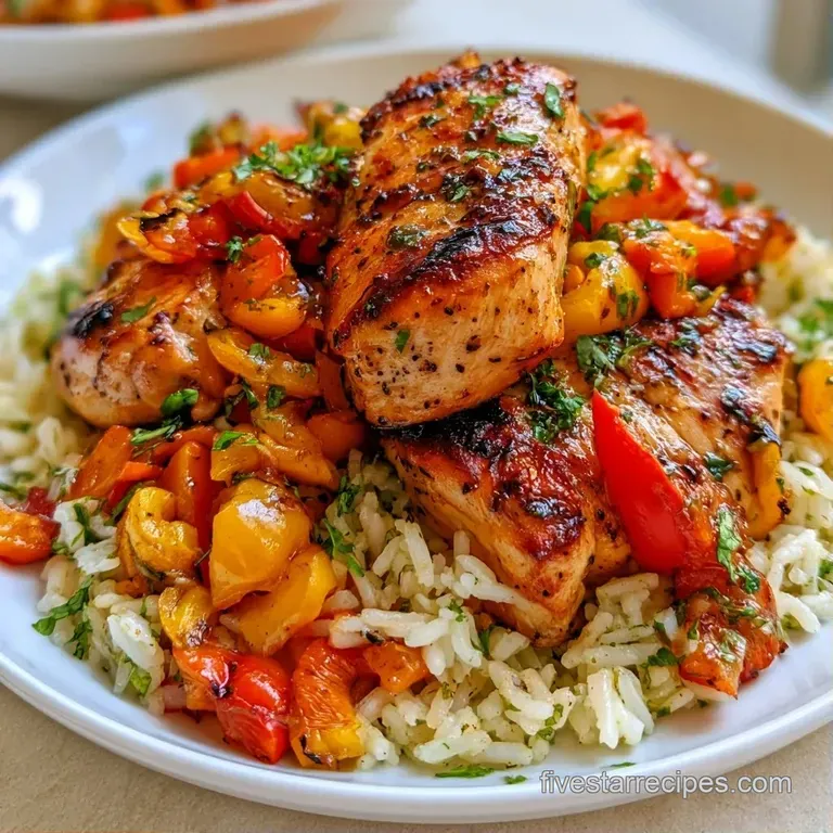 Charred chicken and colorful saut&eacute;ed peppers resting on a bed of zesty rice, garnished with a creamy avocado slice.