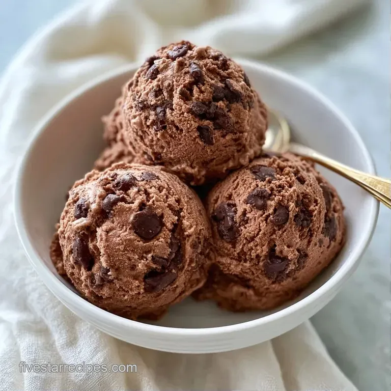 Three velvety scoops of dark cocoa ice cream with chunky golden dough pieces served in a chilled crystal goblet.