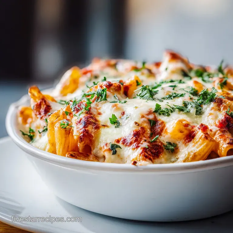 A generous portion of baked ziti, topped with melted mozzarella and a sprinkle of fresh parsley, on a white plate.
