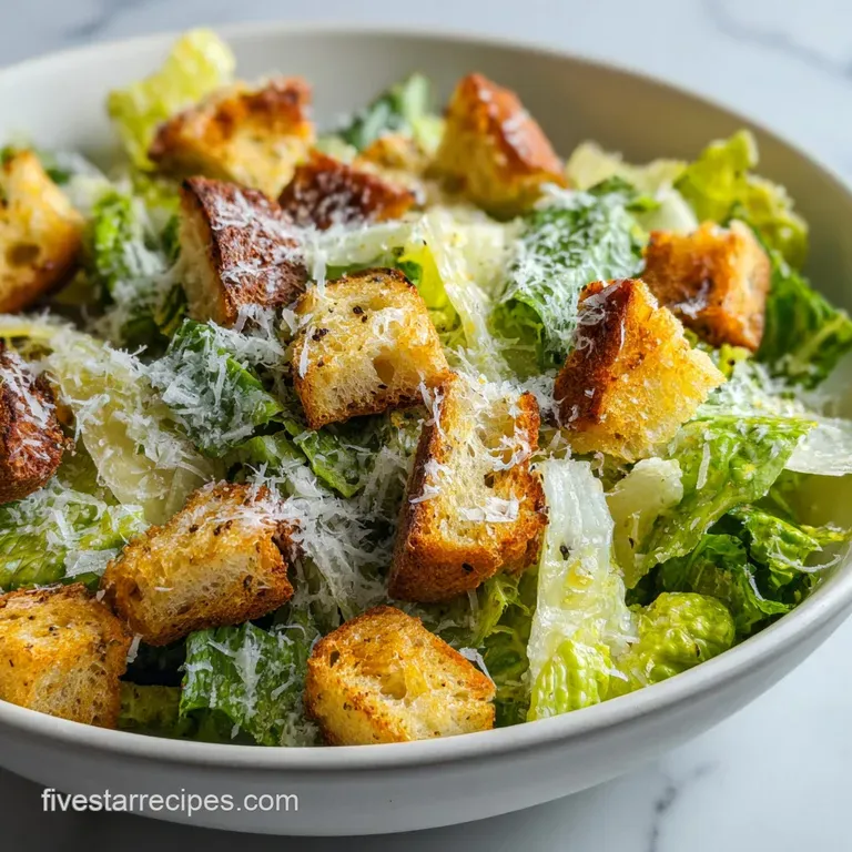 Elegant Caesar salad plated with tall, vibrant romaine spears, crunchy croutons, a drizzle of dressing, and generous Parme...