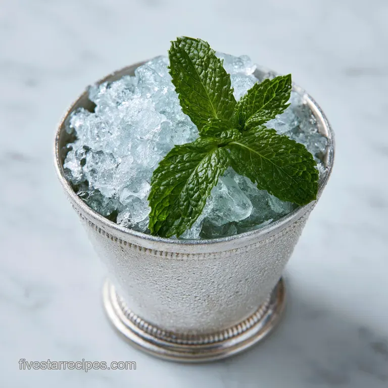 Elegant frosted pewter cup on a marble surface, overflowing with crushed ice and a lush sprig of fresh mint.