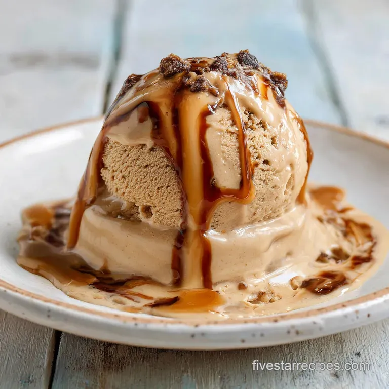 Scoops of cookie butter ice cream served in a glass bowl, garnished with crumbled cookies. Soft texture, inviting dessert ...