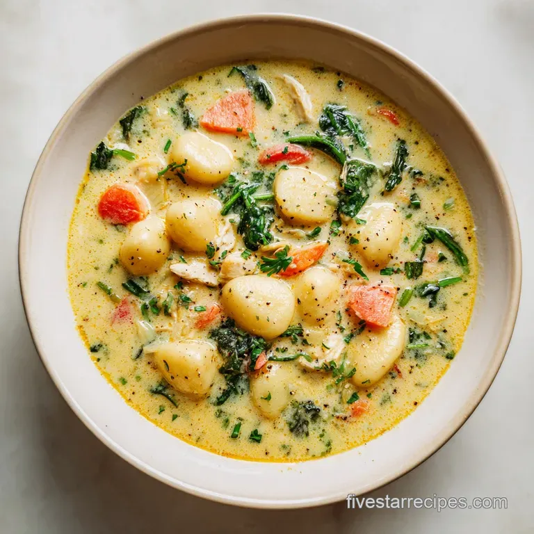 A warm bowl of chicken gnocchi soup, artfully garnished with fresh parsley and a side of crusty bread.