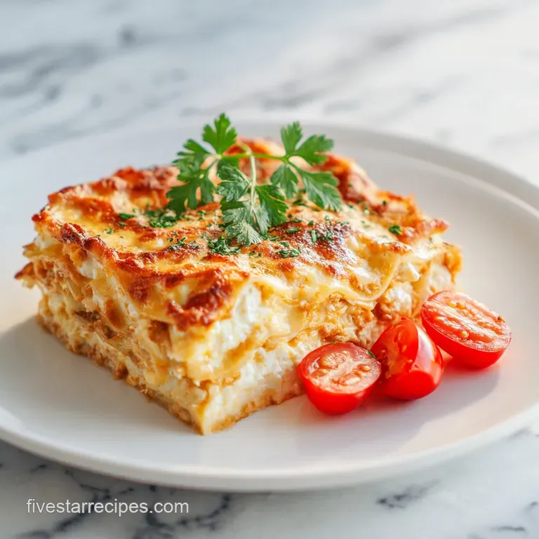 A warm slice of lasagna reveals layers of rich, meaty sauce, creamy cottage cheese, and tender pasta, topped with browned,...