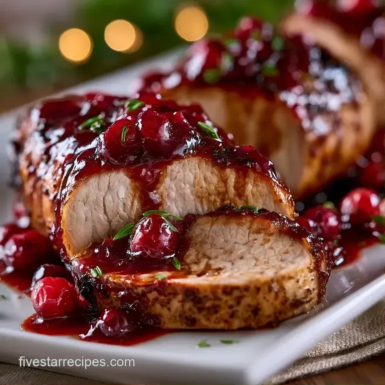 Sliced juicy pork medallions drizzled with a glossy crimson glaze, paired with steamed greens on a white plate.