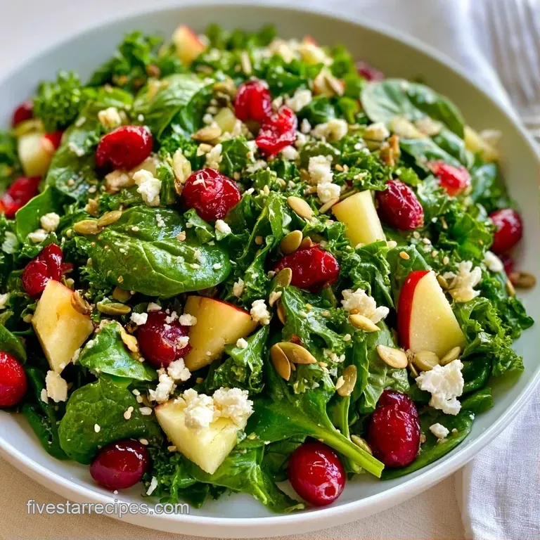 Fresh greens topped with glossy red cranberries and crunchy pumpkin seeds in clear glass meal prep containers.