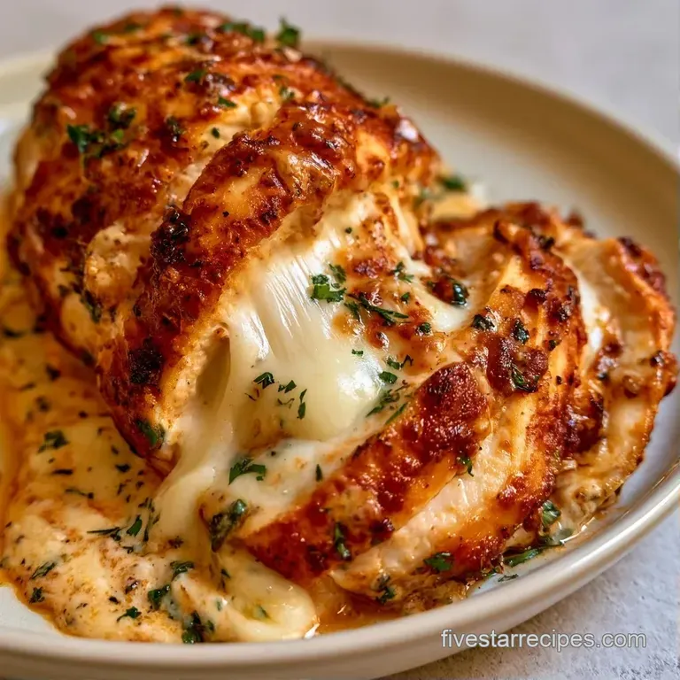 Sliced golden chicken breasts on a ceramic plate with a drizzle of pan sauce and a sprig of fresh green parsley.