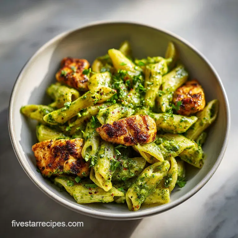 Elegant white plate featuring a swirl of emerald green pasta and sliced chicken topped with fresh basil sprigs.