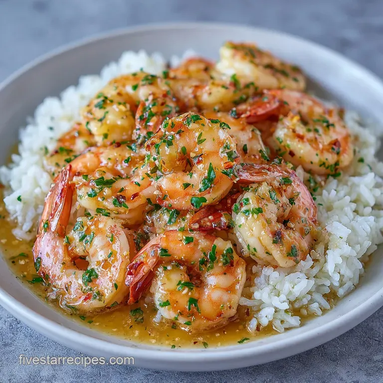 Plump shrimp coated in a velvety butter sauce served in a white bowl with a fresh lemon wedge on the side.