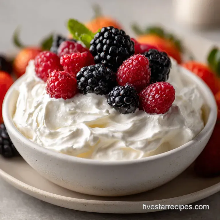 Swirls of fluffy white dip topped with juicy red strawberries and green kiwi slices.