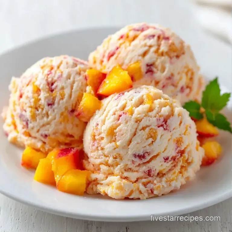 Pale orange frozen scoops on a white ceramic plate, topped with a fresh mint leaf and a drizzle of sweet syrup.