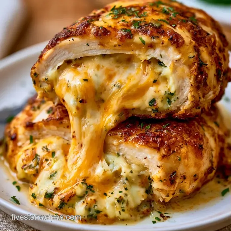 Sliced chicken breast with a creamy center paired with vibrant green asparagus and a drizzle of savory pan sauce.