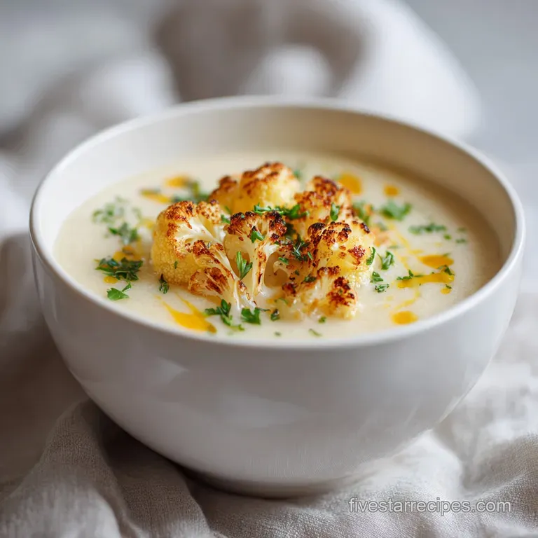 A refined bowl of creamy cauliflower soup, topped with vibrant green chives and a drizzle of olive oil.