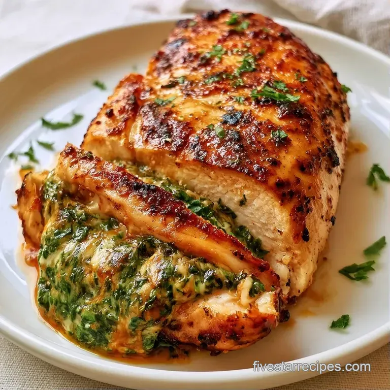 Elegant slices of golden chicken with molten spinach and cheese, garnished with fresh parsley on a dark slate plate.