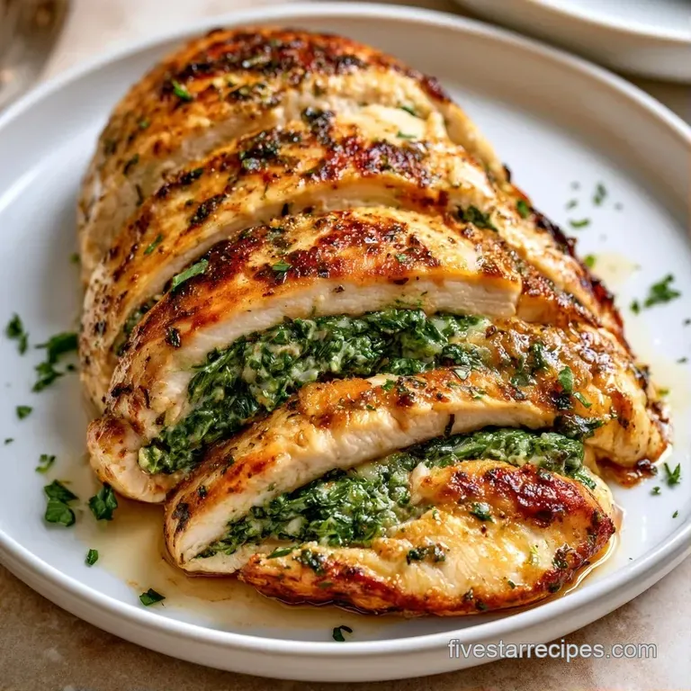 Sliced poultry breasts with melted cheese filling, drizzled with brown butter and garnished with fresh parsley.