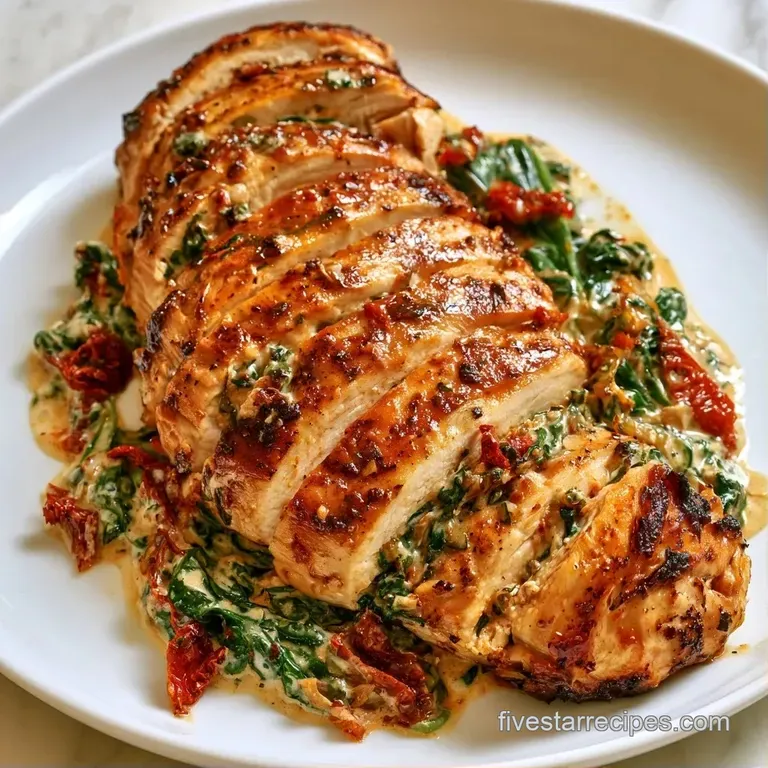 Seared chicken breasts drizzled with a vibrant tomato cream sauce, garnished with fresh basil on a ceramic platter.