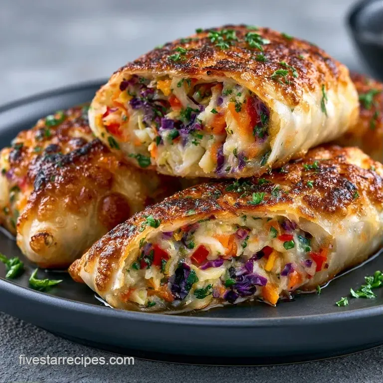 Three golden fried rolls arranged neatly on a slate board with a small bowl of red chili sauce and fresh cilantro.