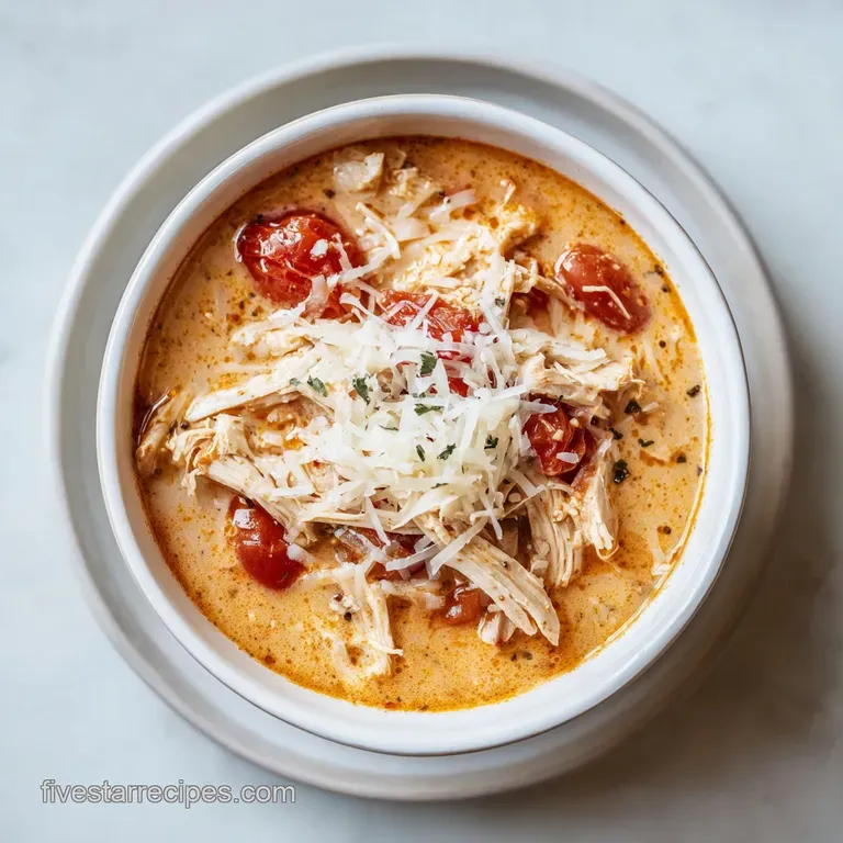 Elegant white ceramic bowl of rich red broth topped with bubbly golden cheese and a sprig of fresh green basil.