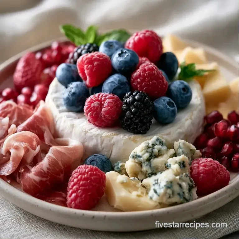 An elegant wooden platter overflowing with artisanal cheeses, salted nuts, and clusters of deep purple grapes.