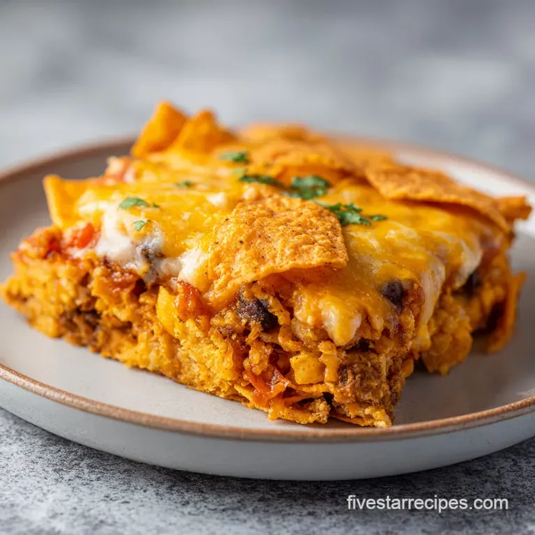 A generous scoop of cheesy casserole served on a white plate, garnished with chopped cilantro.
