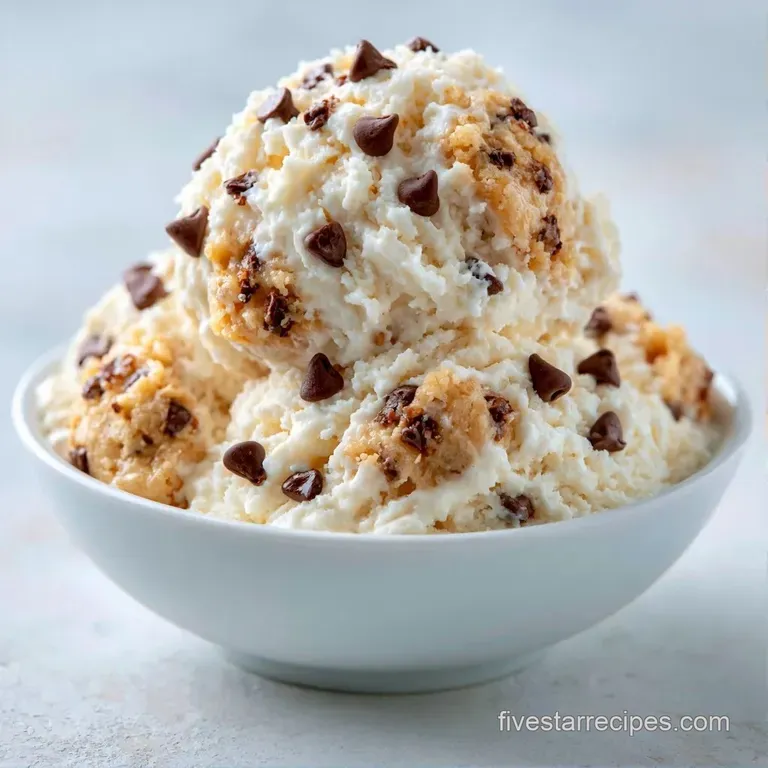 Three scoops of pale cream ice cream with golden dough chunks on a marble platter, garnished with a fresh mint leaf.