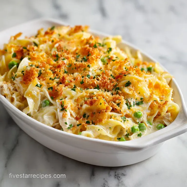 A generous scoop of creamy chicken noodle casserole, garnished with fresh parsley, served in a rustic bowl.