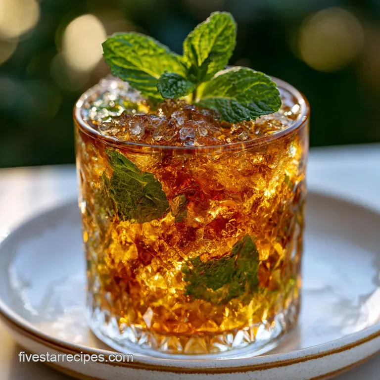Tropical amber drink in a chilled glass resting on a sandy surface, adorned with a cherry and mint leaf sprig.