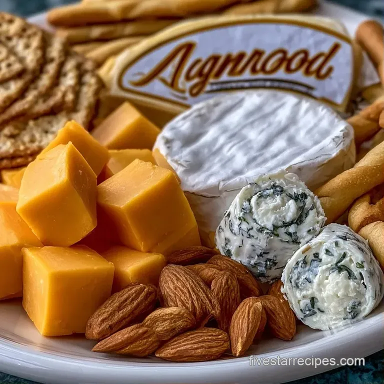 Artfully arranged wedges of white and yellow cheese paired with deep red grapes and gold crackers on a slate board.