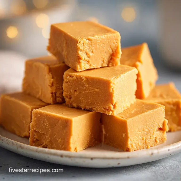 Elegant slices of peanut butter fudge arranged on a white plate, showcasing its smooth texture and inviting brown color.